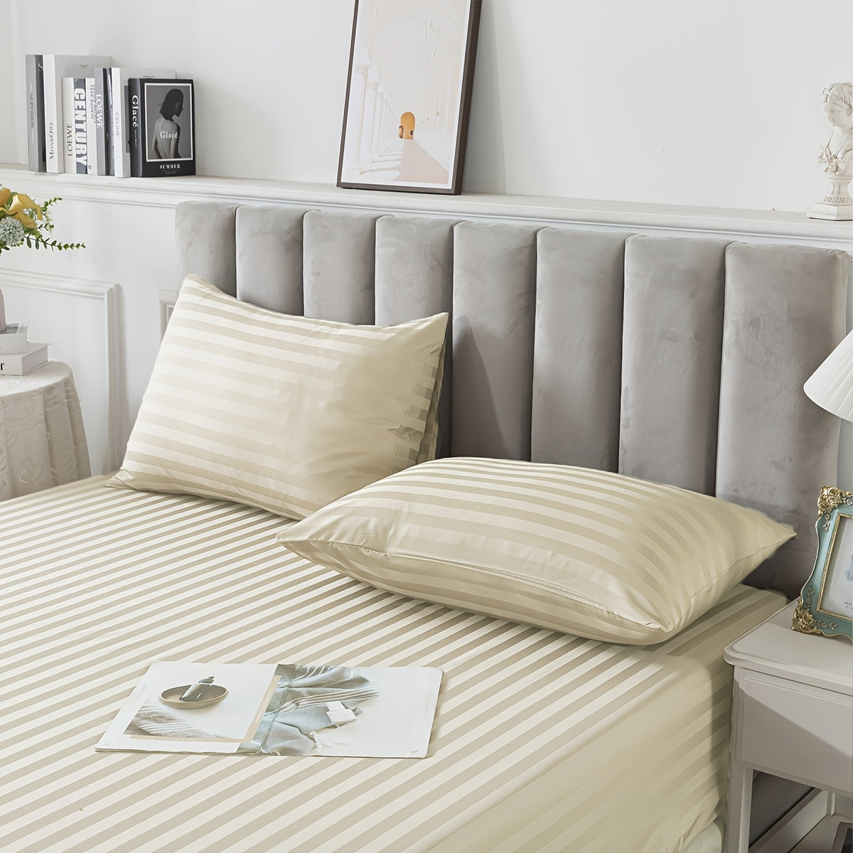 Satin Stripe Pillowcase White Khaki Breathable Soft Durable Hotel Home