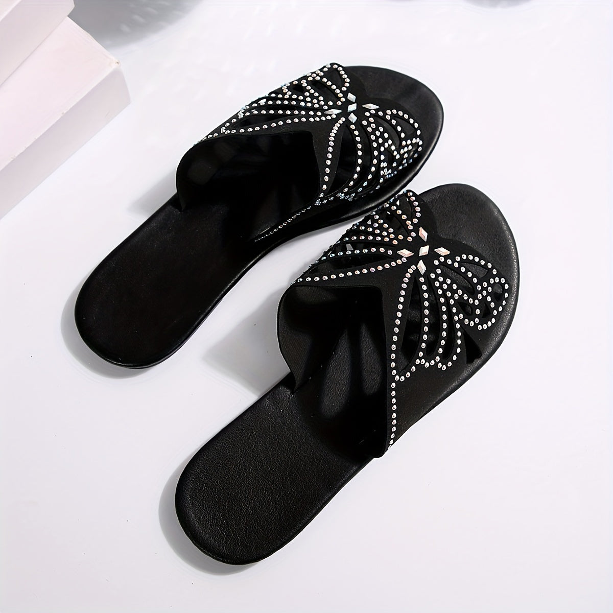 Women's Rhinestone Butterfly Slide Sandals Open Toe Flat Heel Non-Washable