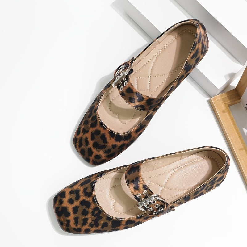 Women's Leopard Print Mary Jane Flats Square Toe Buckle Comfort Shoes