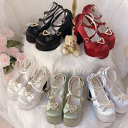 Women's Chunky Heel Pumps with Bow and Heart Buckle Fabric All-Season