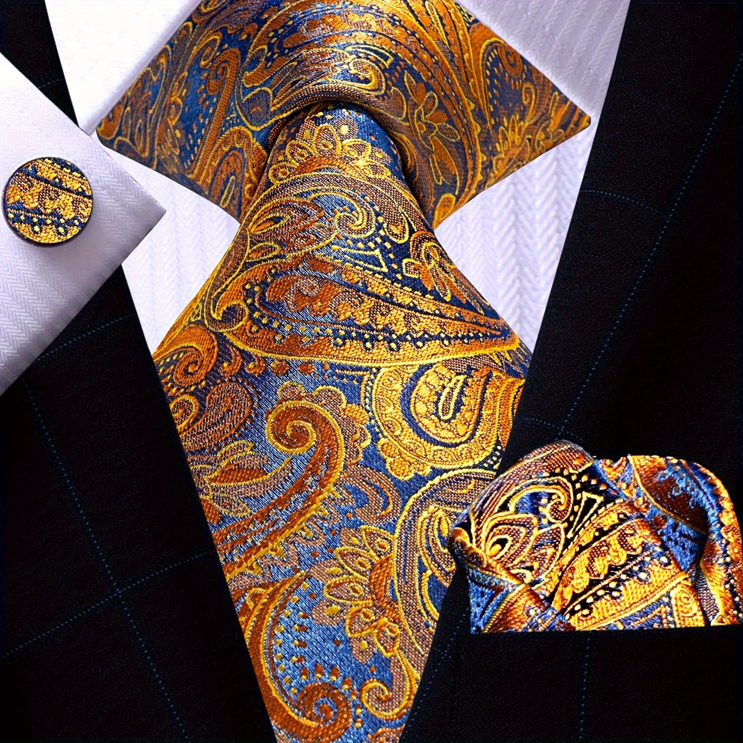 Men's Gold Accessories Set Tie Pocket Square Cufflinks for Weddings Business