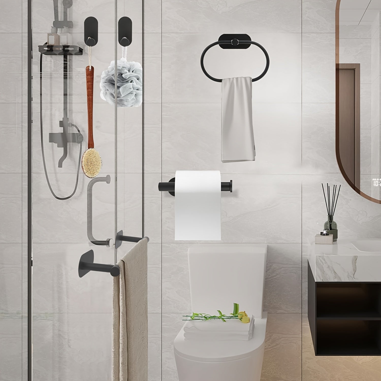 Stainless Steel Bathroom Hardware Set with Golden Accessories No Drilling