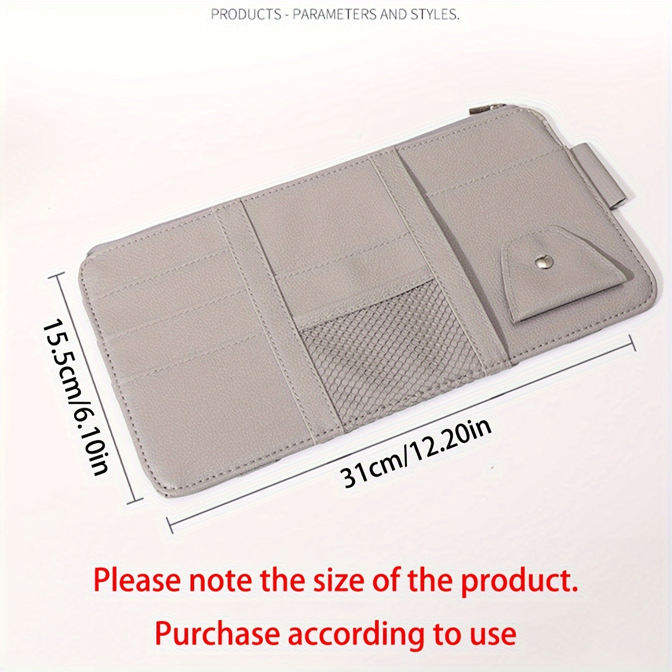 Koʻp boʻlimli avtomobil visor tashkilotchisi, koʻzoynaklar, telefonlar, hamyonlar va kartalar uchun, kulrang PU charm