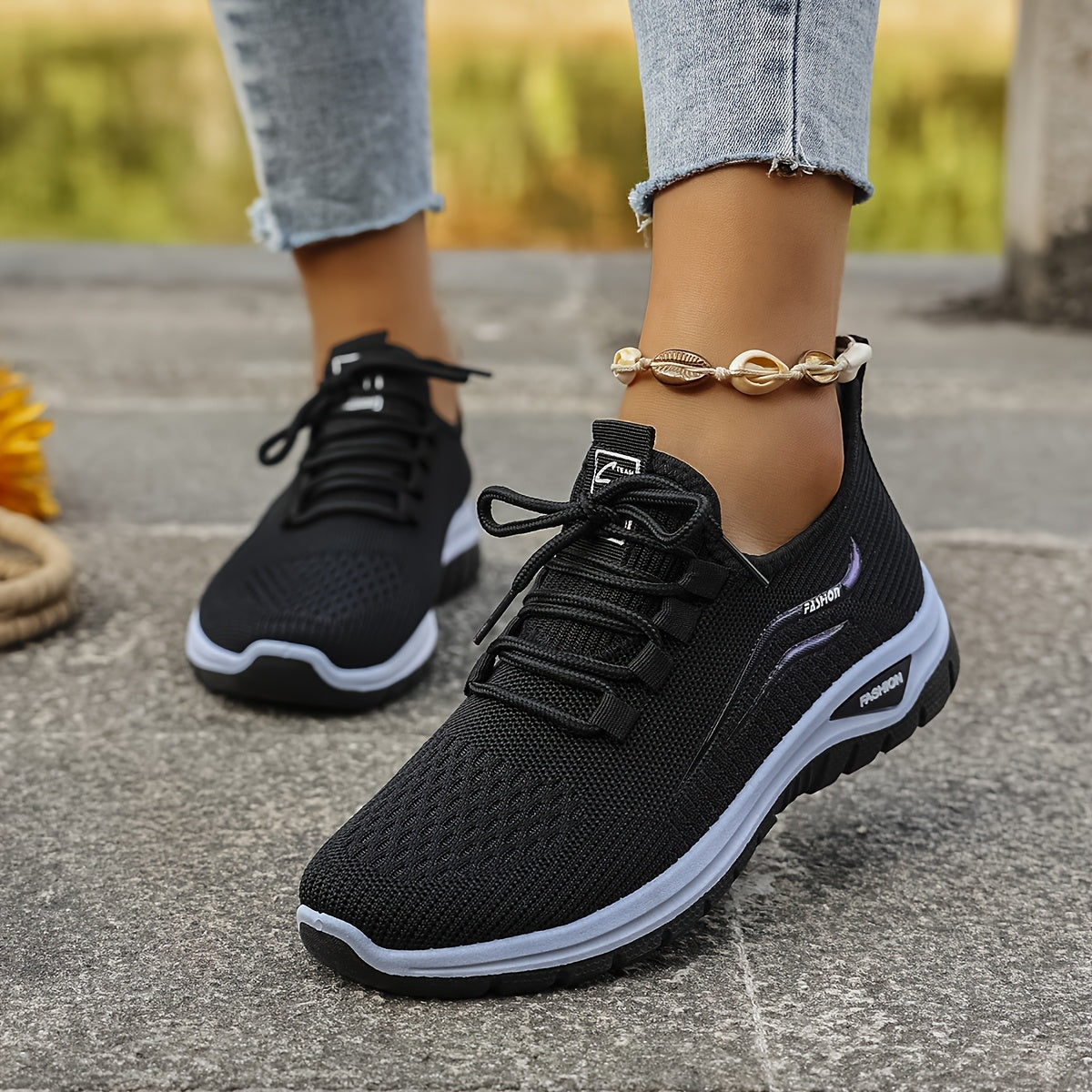 Women's Casual Knit Running Shoes with Lace-Up Patterned Design
