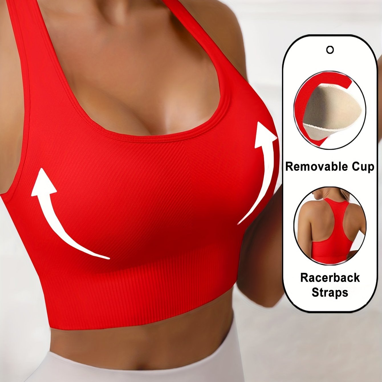 Women's Black High-Stretch Polyamide Sports Bra with Removable Cups and Racerback Support