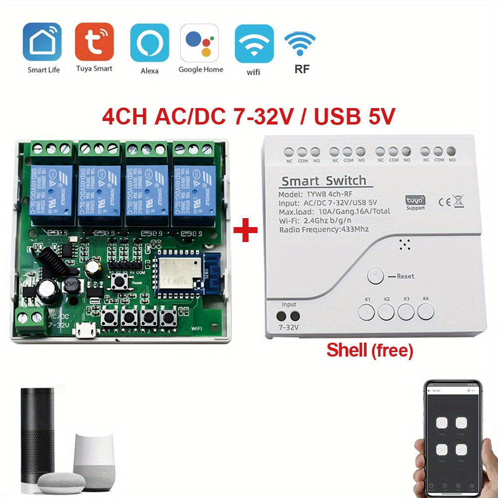 Smart WiFi Switch 4-Channel Compatible with Alexa Google Home RF Remote Control Tuya App