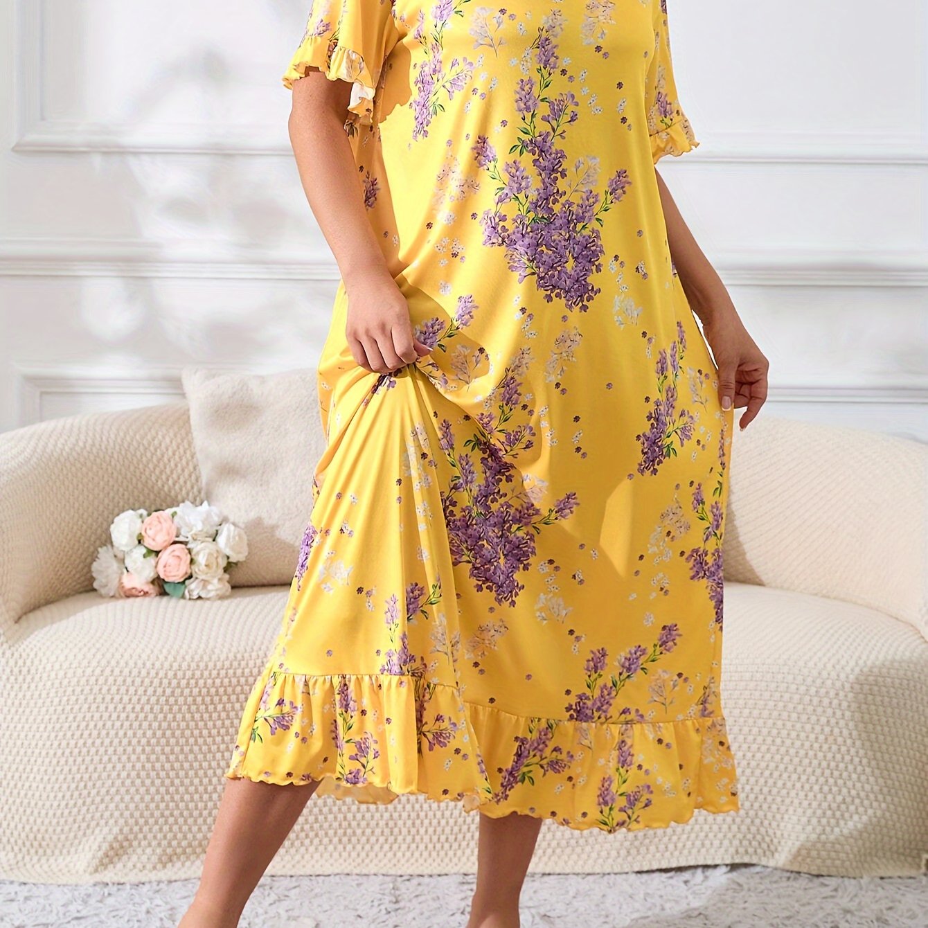 Plus Size Women's Floral Print Short Sleeve Nightdress Ruffle Trim