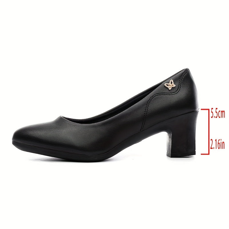 Women's Black Formal High Heels with Chunky Block Heel and Non-Slip Sole