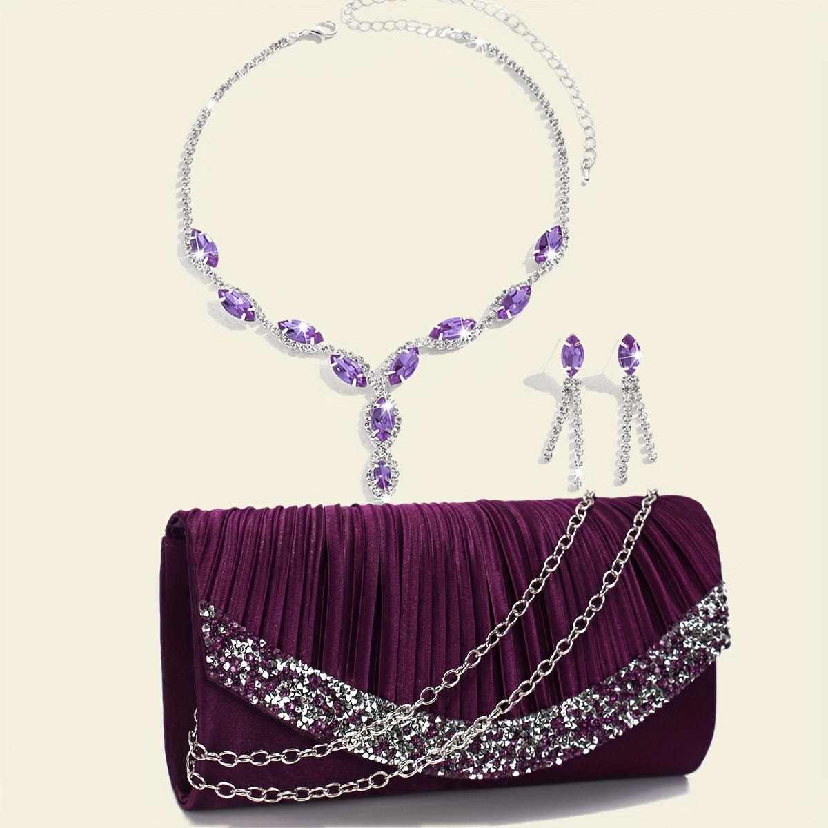 Elegant Satin Evening Clutch Bag with Rhinestones and Detachable Chain for Weddings and Parties