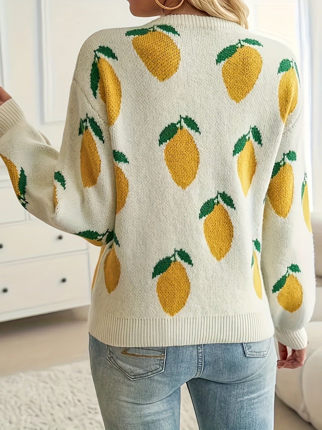 Women’s Acrylic Lemon Pattern Crew Neck Sweater Long Sleeve Casual Pullover