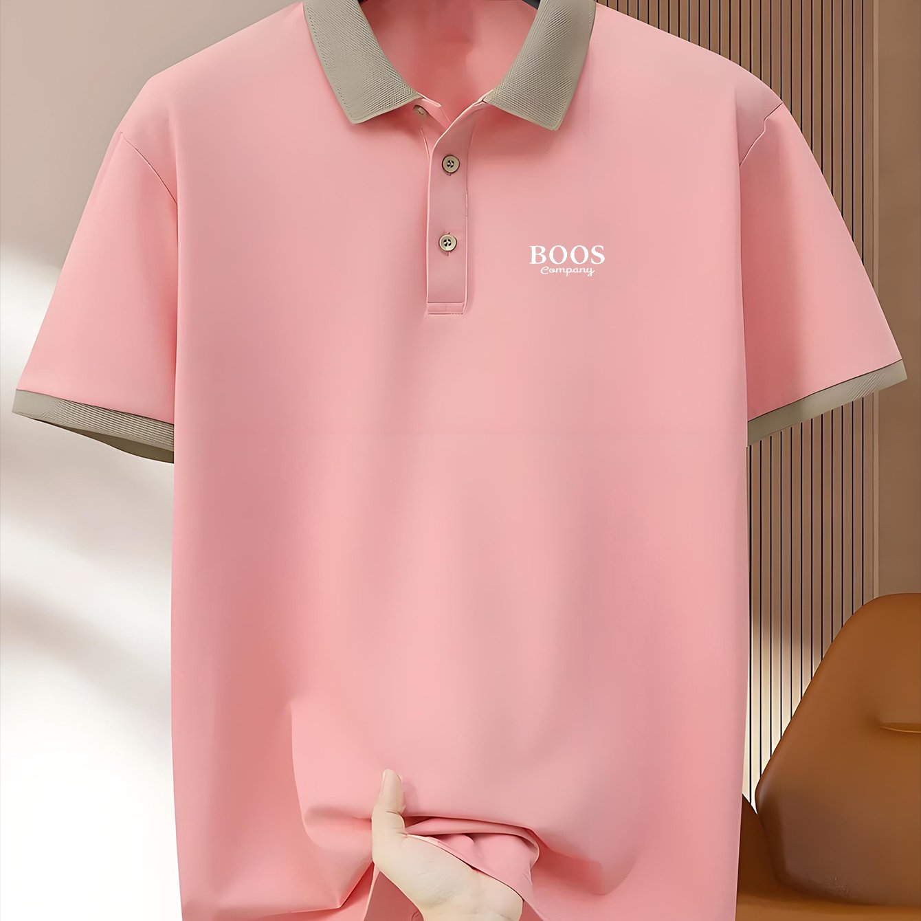 Men's Pink Golf Tennis Polo Shirt Breathable Polyester Contrast Collar Casual Summer
