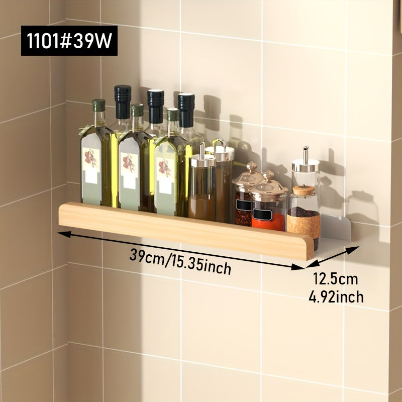 Wood and Metal Wall-Mounted Spice Rack with Hooks for Kitchen Storage