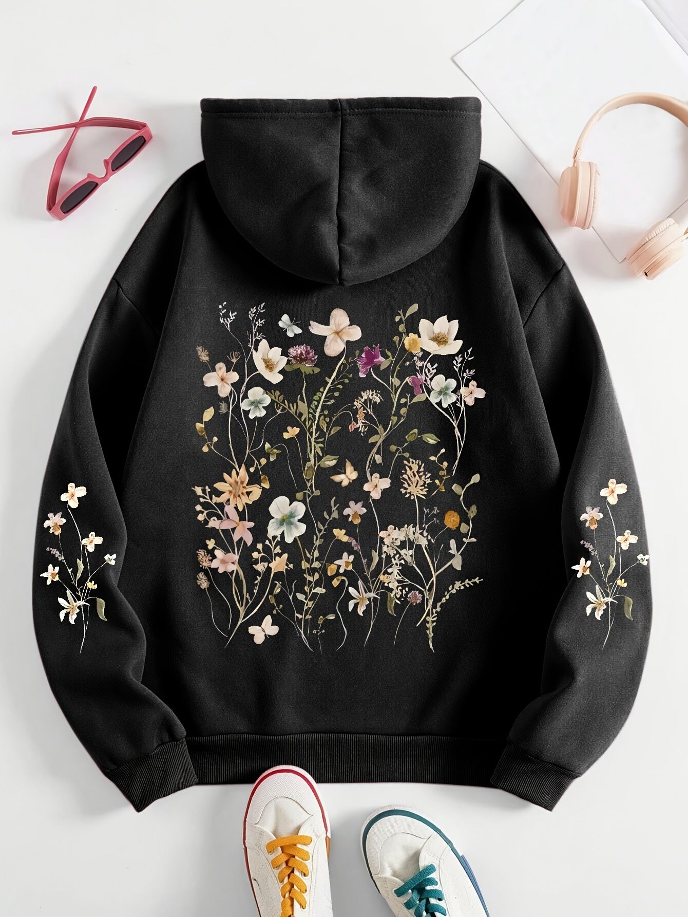 Толстовка-худи женская повседневная с цветочным принтом и карманами, размер плюс