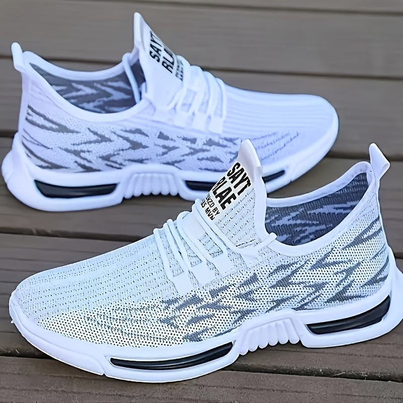 Men's White Athletic Sneakers Breathable Rubber Sole Cushioned Woven Pattern All-Season