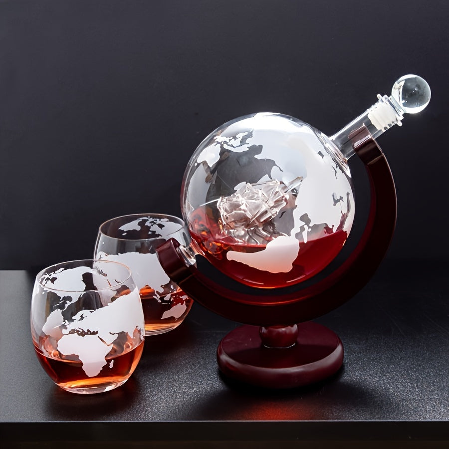 World Globe Whiskey Decanter Set with 2 Glasses Etched Ship Design Gift for Whiskey Lovers