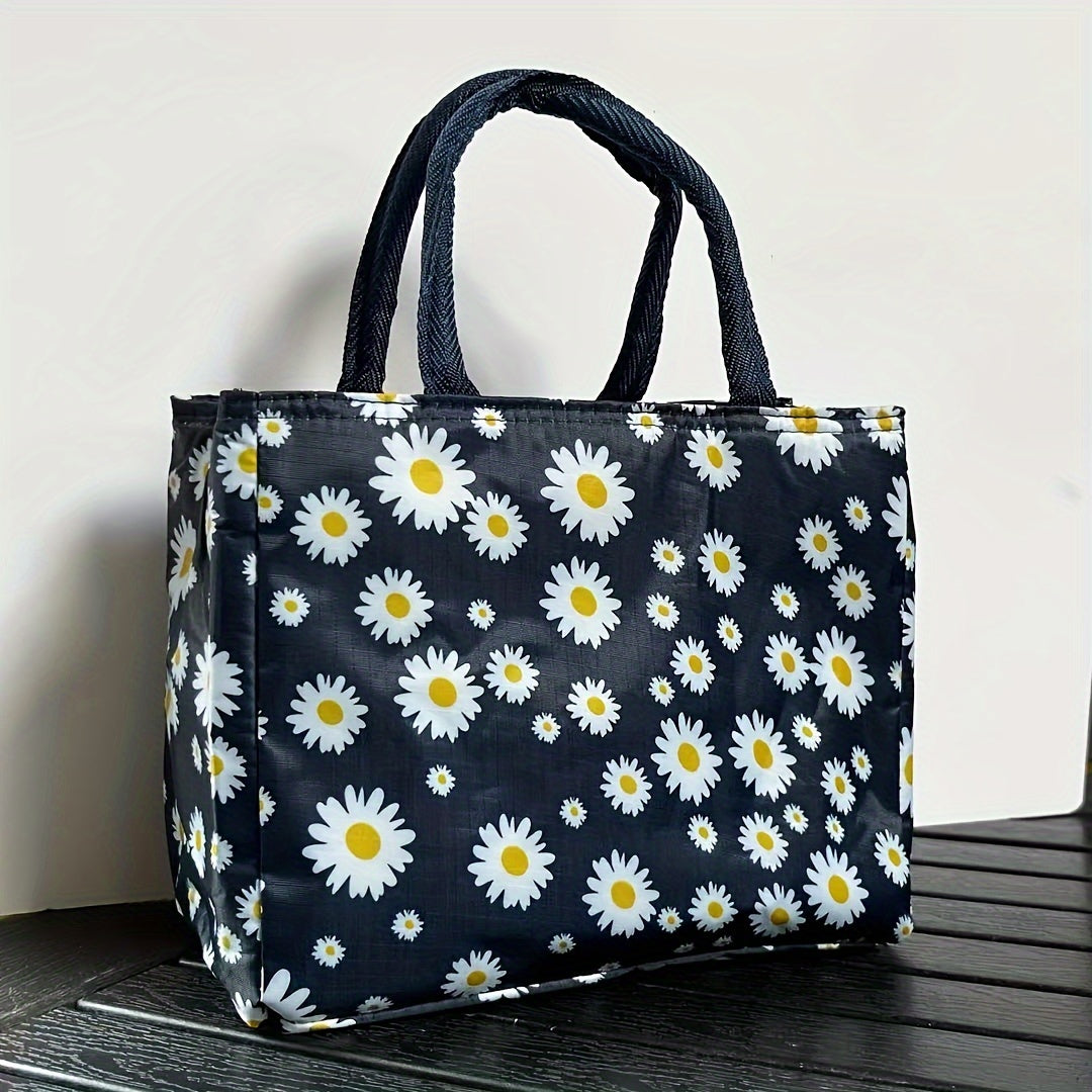 Insulated Lunch Bag with Daisy Print Eco-Friendly Oxford Fabric Large Capacity