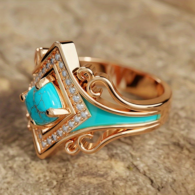 Vintage Bohemian Rose Gold Ring with Synthetic Turquoise and Imitation Zirconia for Women