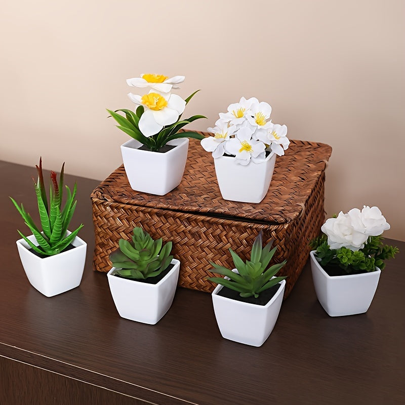 6pcs Artificial Succulents in White Pots for Home Office Decor Realistic Mini Plants