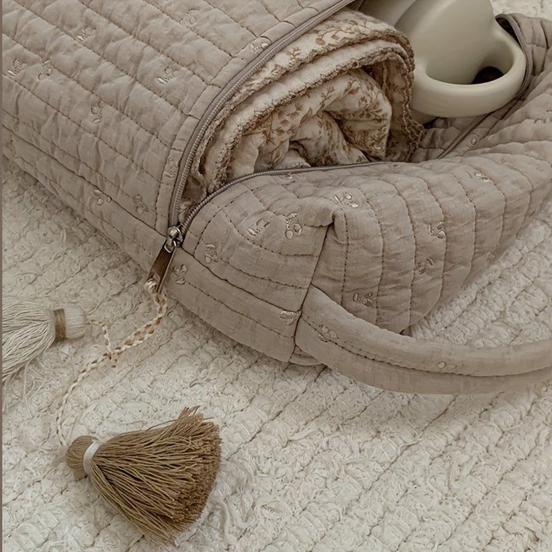 Khaki Embroidered Diaper Bag with Zipper for On-the-Go Stroller Hanging Cotton Handbag