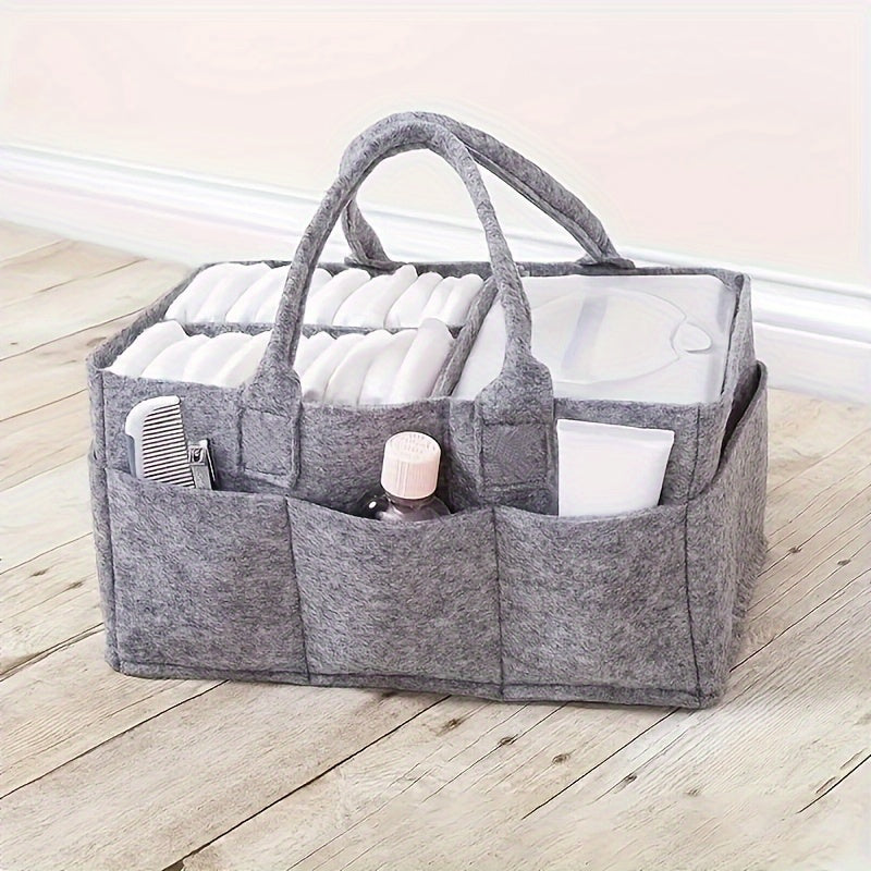 Gray Felt Diaper Organizer with Handles, Foldable Storage for Diapers and Wipes