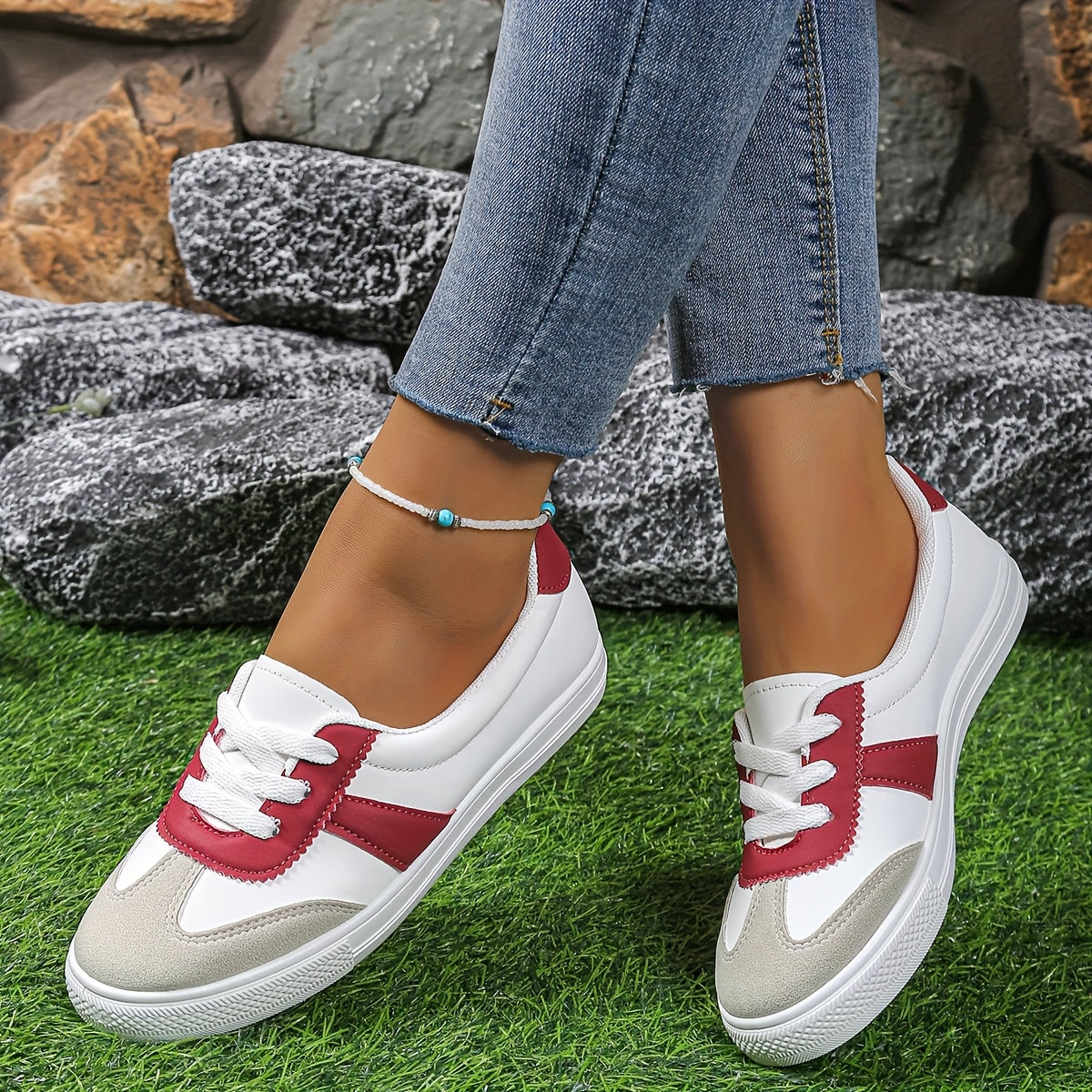 Women's Casual White Sneakers with Color Block Design and Lightweight Sole