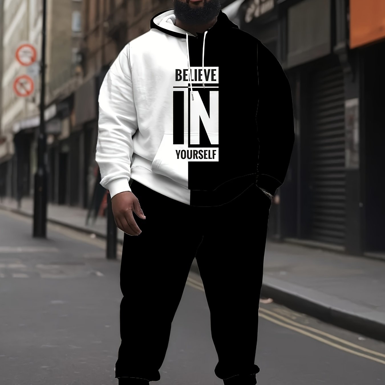 Men's Plus Size Casual Outfit Hoodie and Print Pants Polyester Comfortable Sportswear