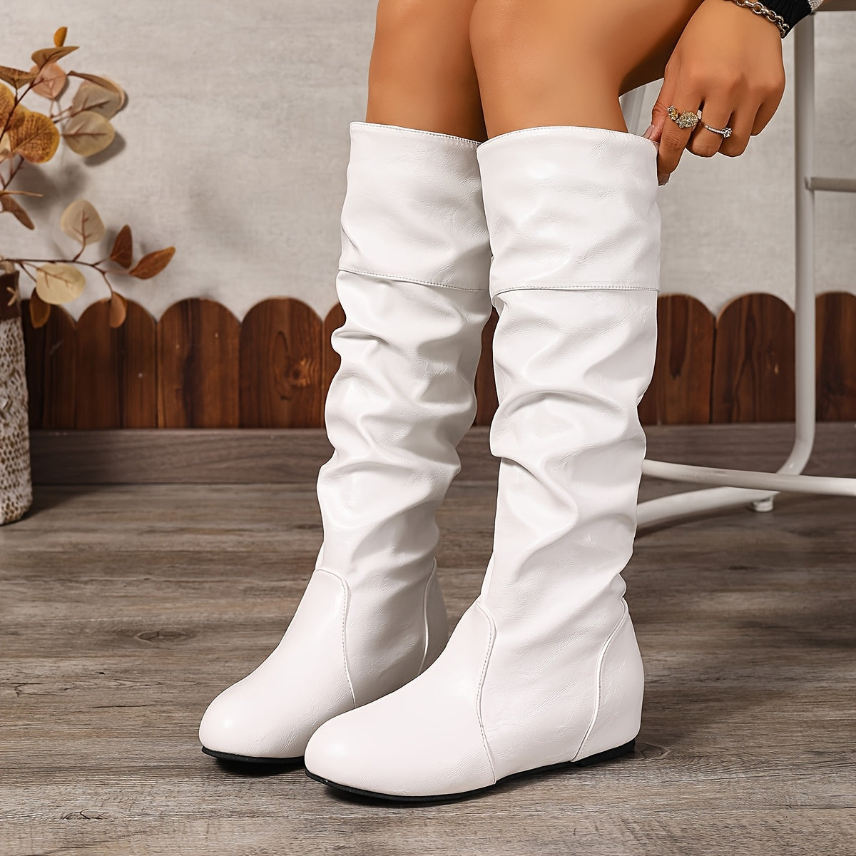 Women's Knee-High Slip-On Boots PU Upper Rubber Sole All-Season Solid Color