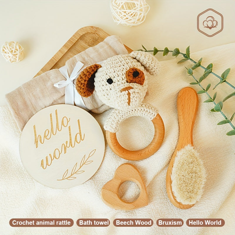 Baby Shower Gift Set with Crochet Dog Rattle Bamboo Cotton Towel Goat Hair Brush Beechwood Heart Toy