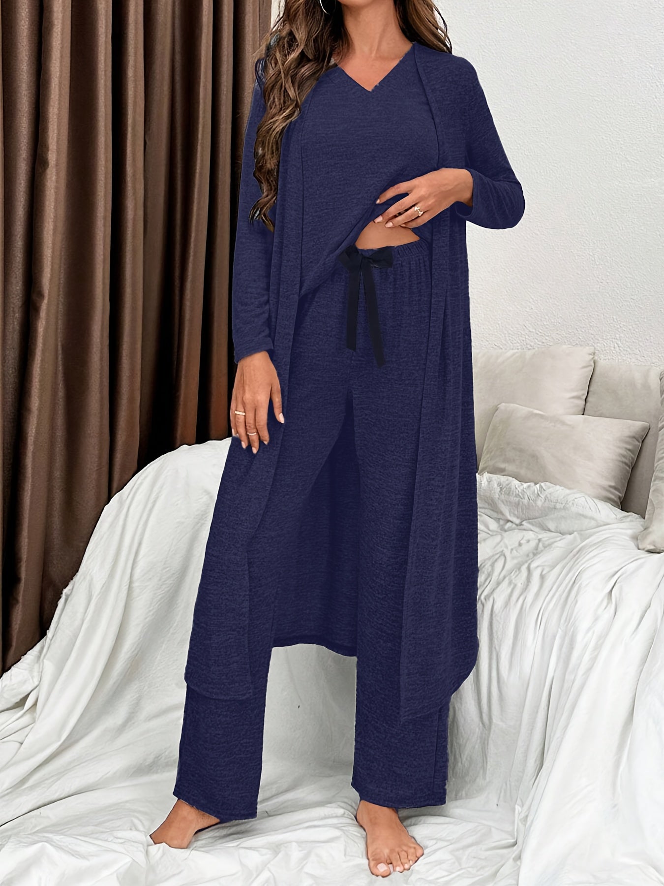 Heather Gray 3-Piece Loungewear Set V-Neck Cardigan Knit T-Shirt Joggers with Bow Fall Winter