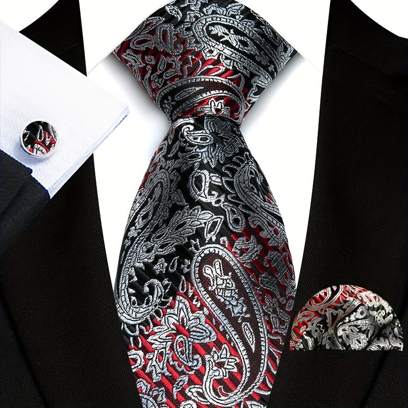 Men's Suit Set with Tie, Pocket Square and Cufflinks in Stripe and Paisley Design