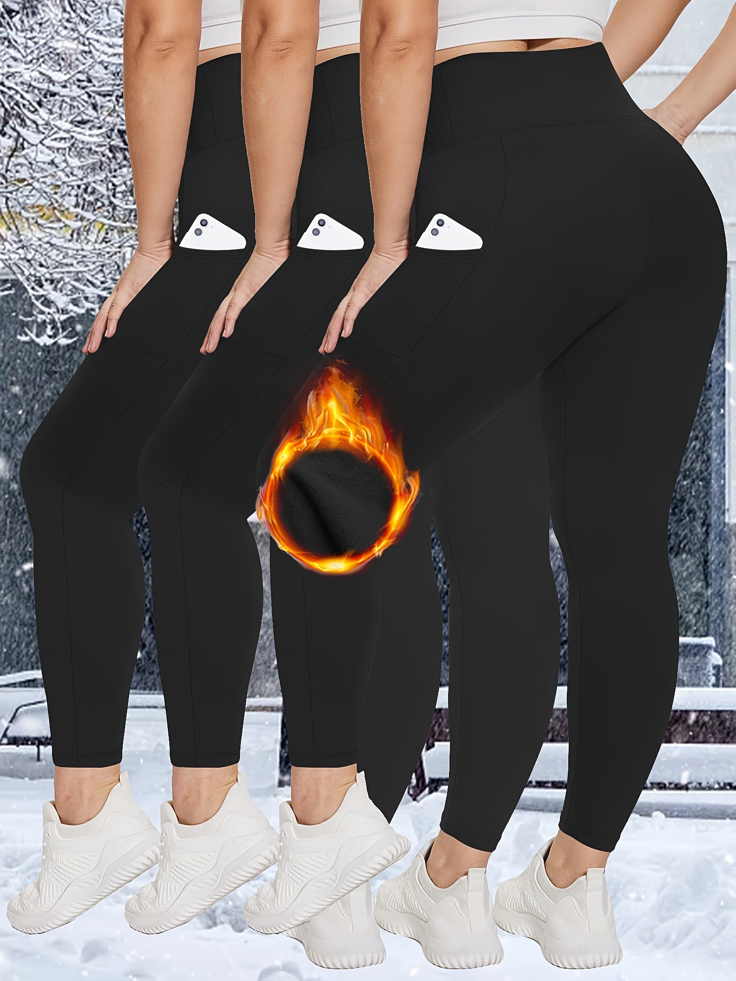 Women's Fleece-Lined High-Waist Leggings with Pockets Black Cold Weather