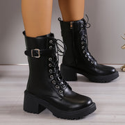 Women's Chunky Heel Mid Calf Boots Lace Up Side Zipper Solid Color Platform