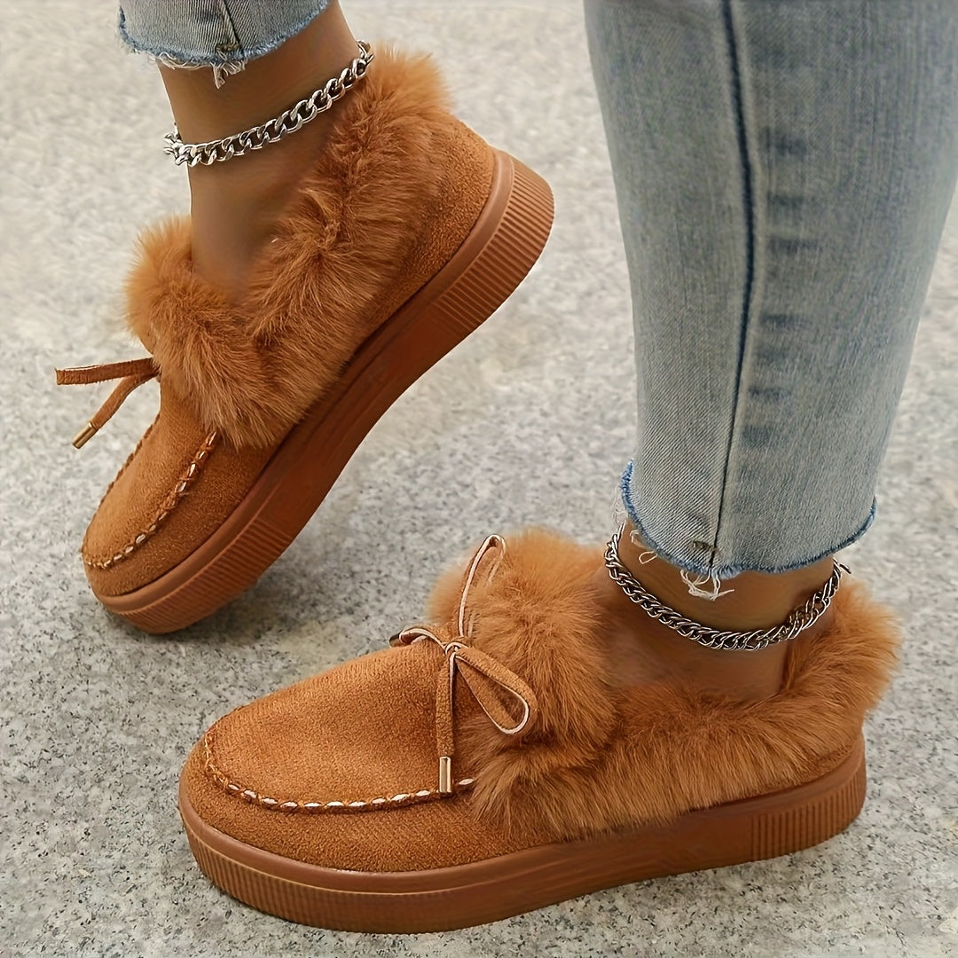 Женские утеплённые сапоги-слипоны с плюшевой подкладкой и бантом-брелоком, искусственный мех