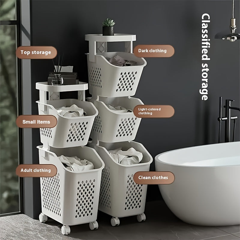 Multi-Functional 3-Tier Laundry Hamper on Wheels for Bathroom Bedroom Balcony