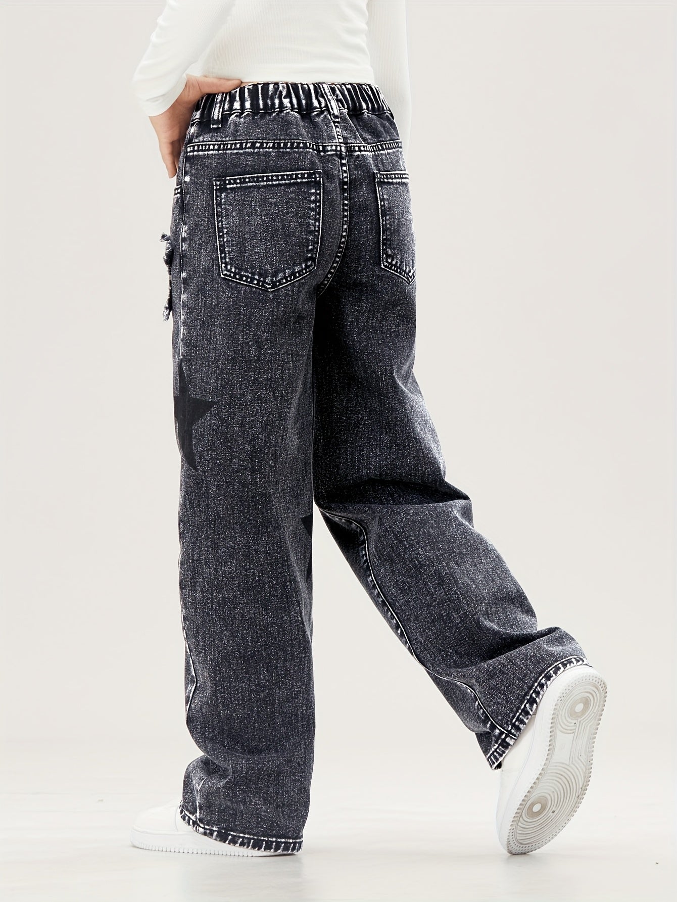 Kids' Wide-Leg Denim Jeans with Star Pattern Elastic Waist Non-Stretch Cotton