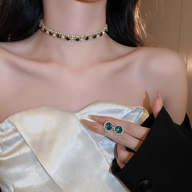 Green Rhinestone Necklace and Earrings Set for Women with Sterling Silver Posts