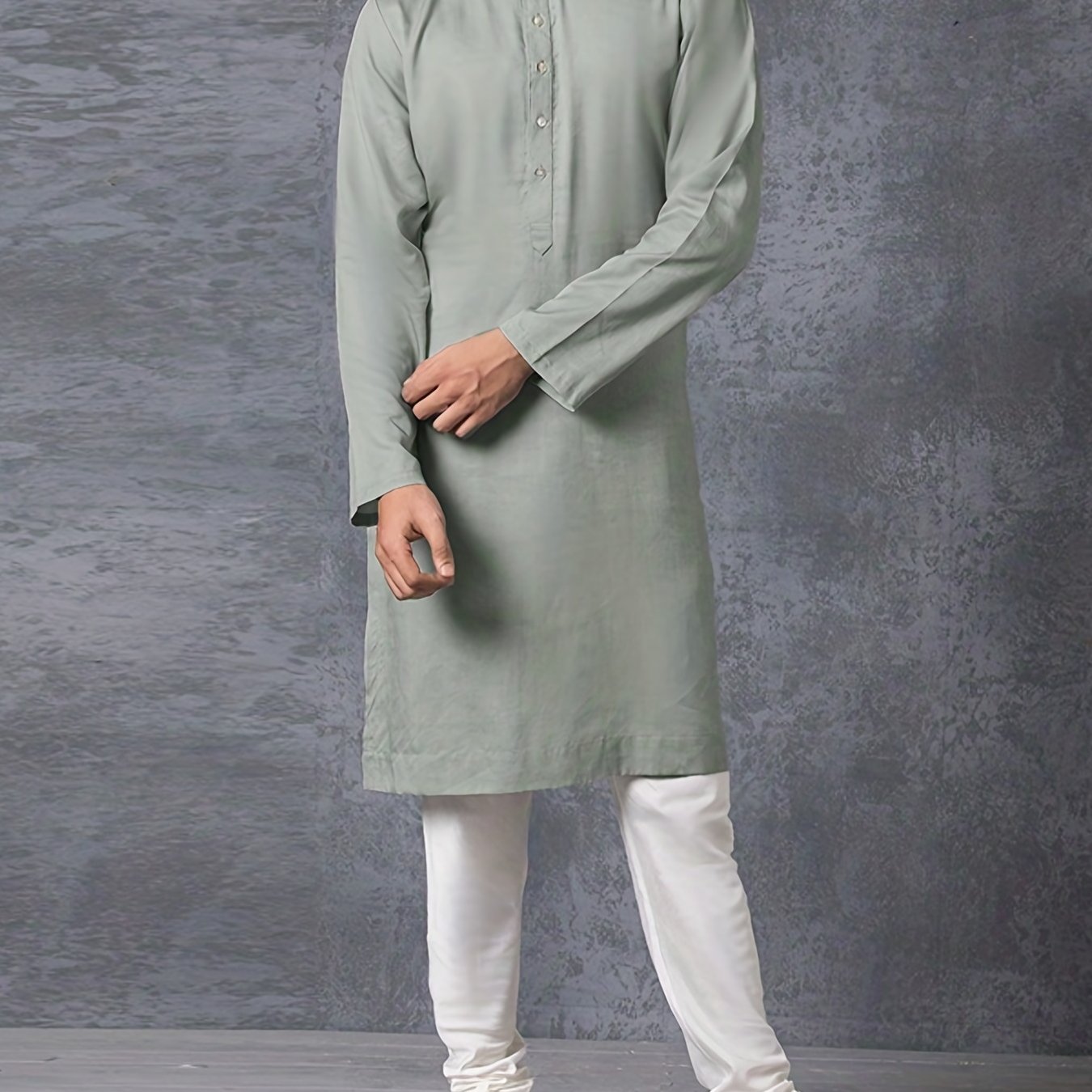 Ramazon Plus O'lchamdagi Erkaklar Uzoq Yengli Ko'ylak Norasmiy Ko'cha Kiymishi, Mustahkam Rangli Turg'un Yaka Kaftan Erkaklar Kiymishi