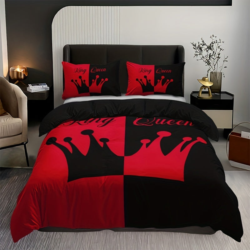 Black and Red Crown Pattern Bedding Set 3 Pieces Duvet Cover and Pillowcases