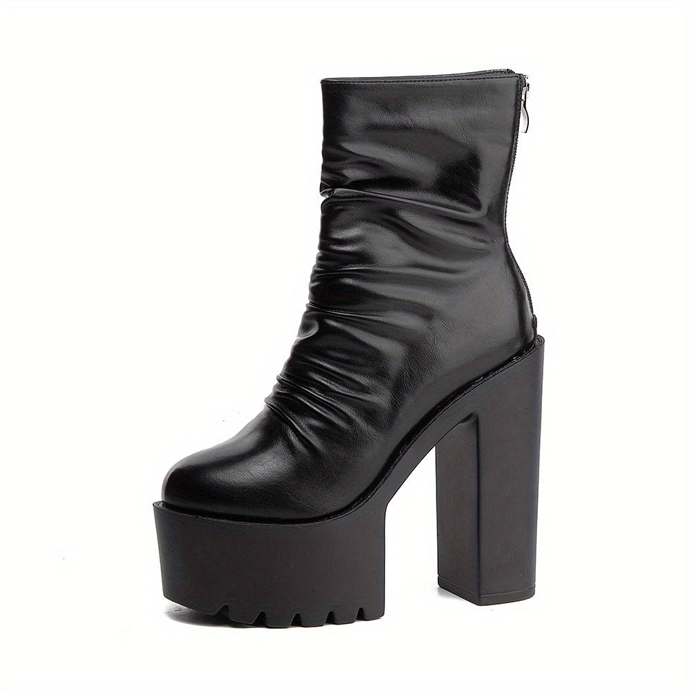 Women's Black Block Heeled Boots Round Toe Zipper Platform Shoes