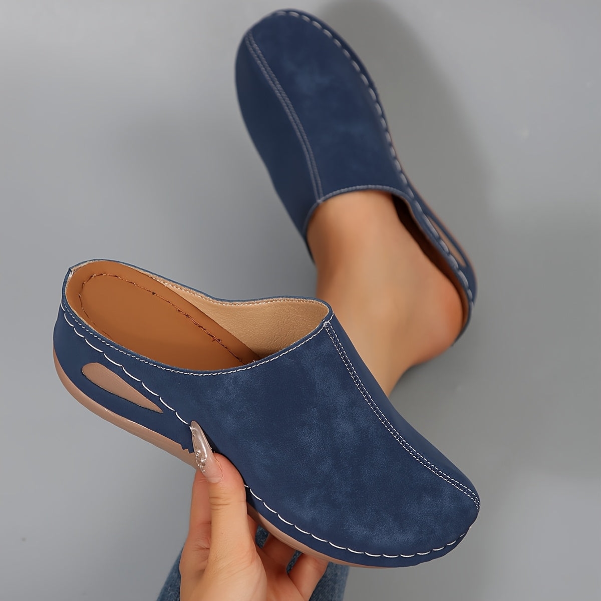 Women's Slip-On Mules Chunky Heel Round Toe PU Shoes Navy Blue All-Season Platform