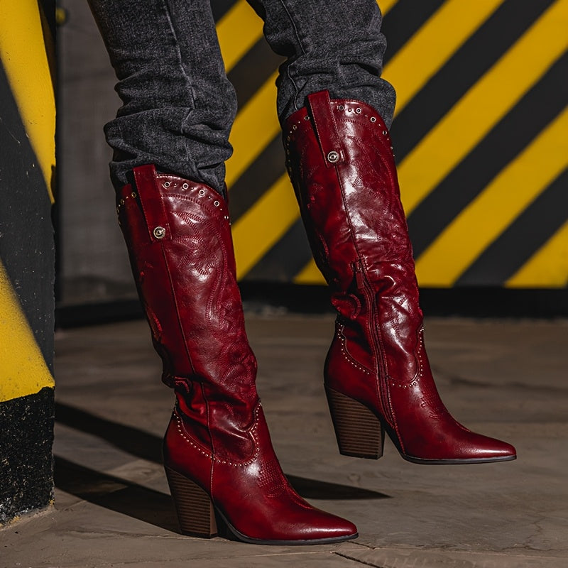Women's Western Cowgirl Boots Red Faux Cover Knee-High Chunky Heel