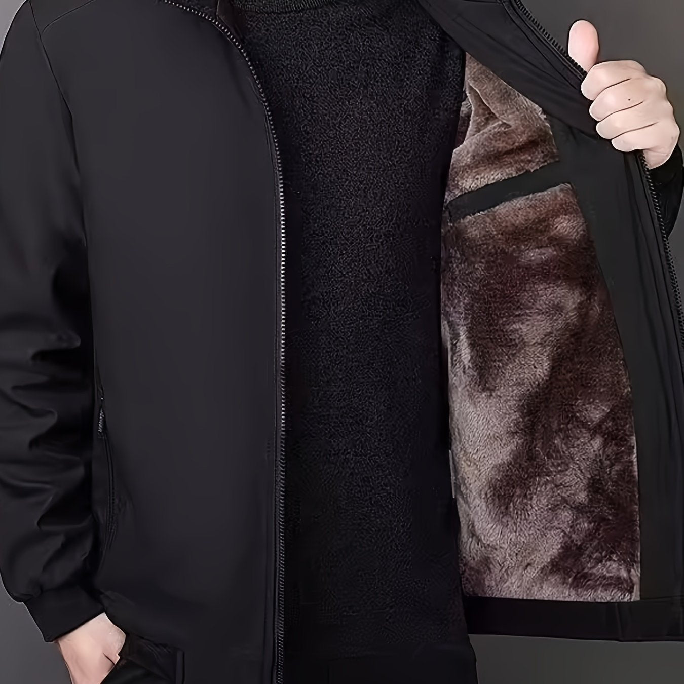 Men's Casual Polyester Fleece Jacket with Zipper Pockets Lapel Collar Windproof Regular Fit