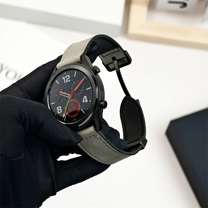 Sintetik charmli smart soat tasmasi, 22mm/20mm o'lchamda Samsung, Garmin, Xiaomi va Huawei kabi turli brendlar bilan mos keladi. Zamonaviy uniseks dizayni, suvga chidamli va magnit xususiyatlariga ega.