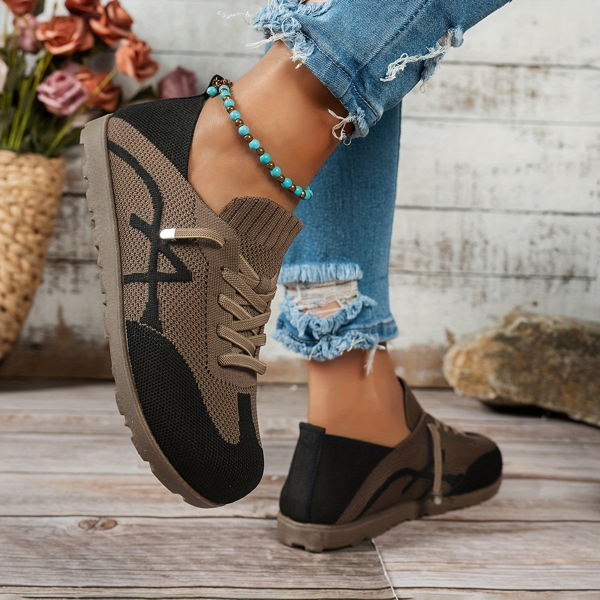 Women's Casual Slip-On Flats Knit Fabric with PVC Outsole Black Beige