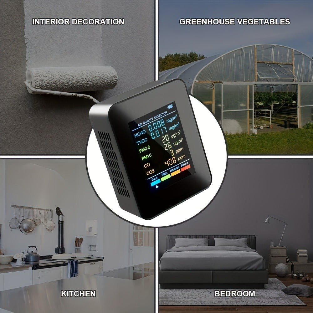6-in-1 Air Quality Monitor with Large LCD Display Detects CO2 CO PM2.5 PM10 HCHO TVOC for Home Office