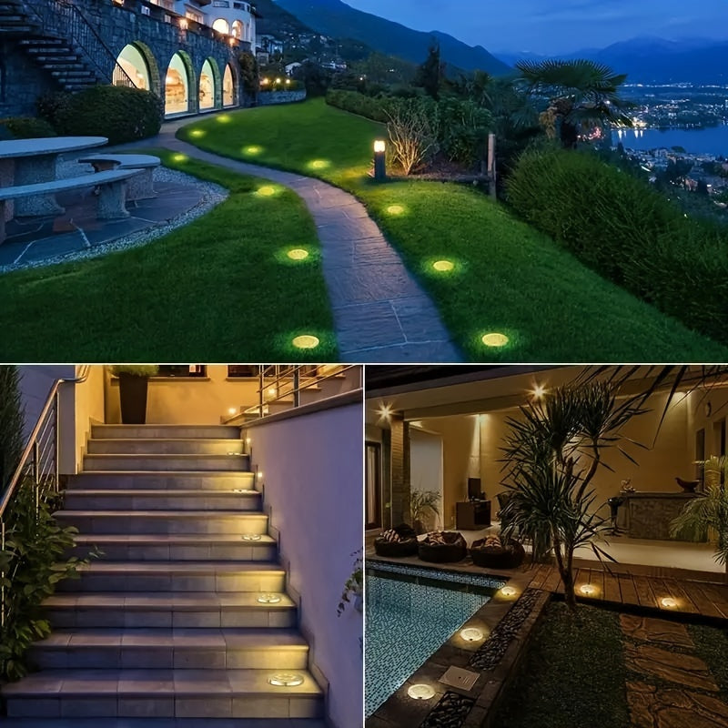 8PCS Luces solares de suelo para exteriores, luces de camino para césped, jardín, resistentes al agua, acero inoxidable, 8LED