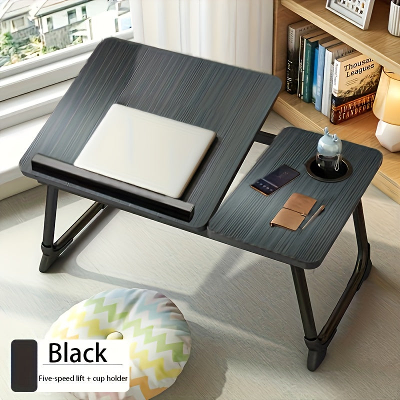 Adjustable Laptop Table with Cup Holder, Anti-Slip Strip, Foldable, White or Black