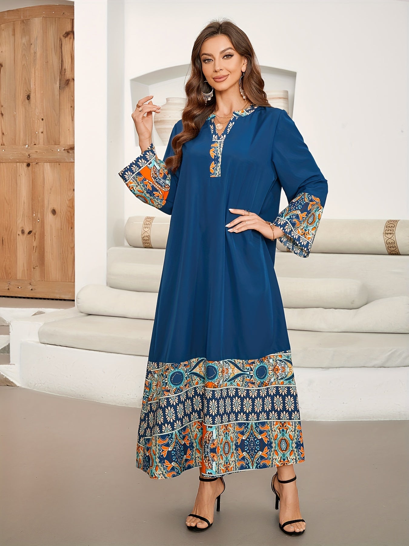 Women's Ethnic Print Color Block Kaftan Maxi Dress with Notched Neck and Long Sleeves