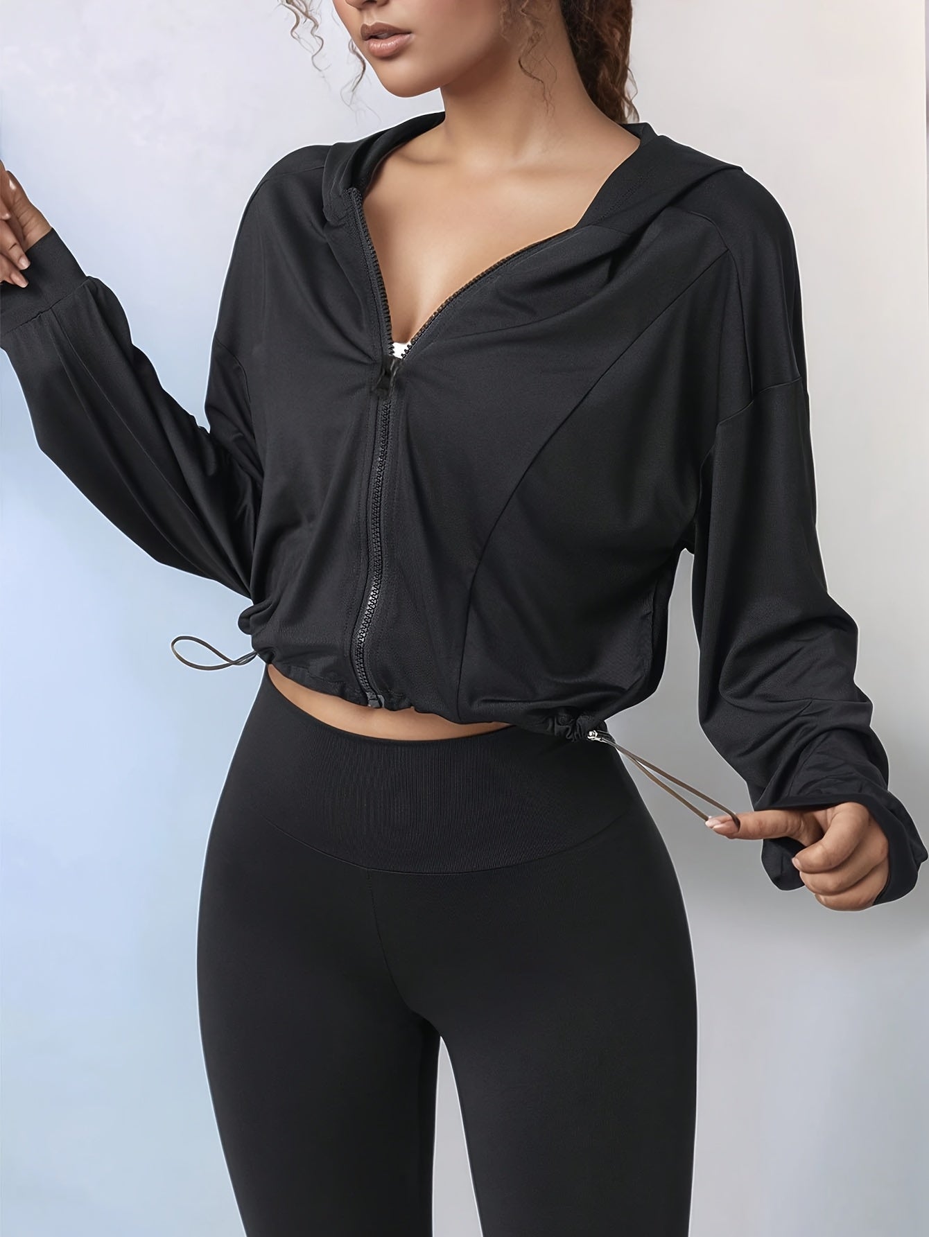 Plus Size Women's Drawstring Hoodie Short Sleeve Zip-Up Jacket Fitness Yoga Lightweight Breathable