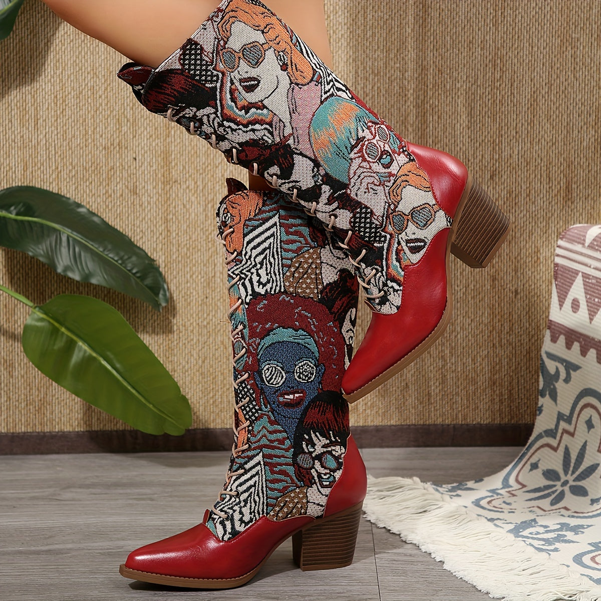Women's Embroidered Leather Mid-Calf Western Boots with Chunky Heel